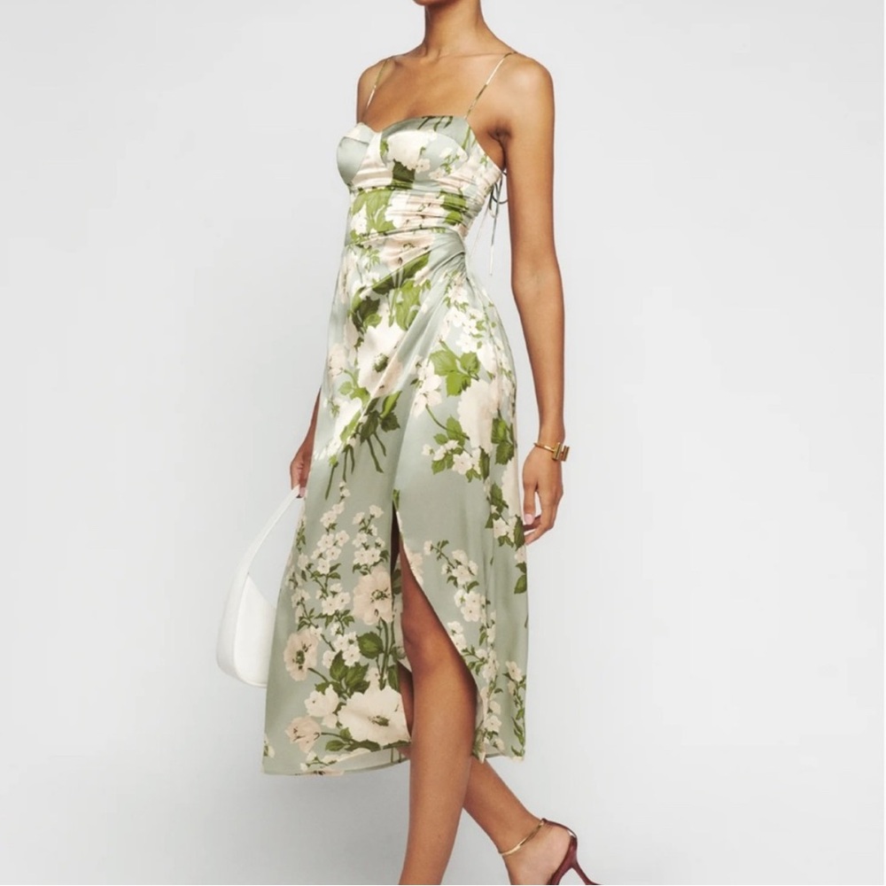 Reformation Marguerite Silk Floral Green Dress